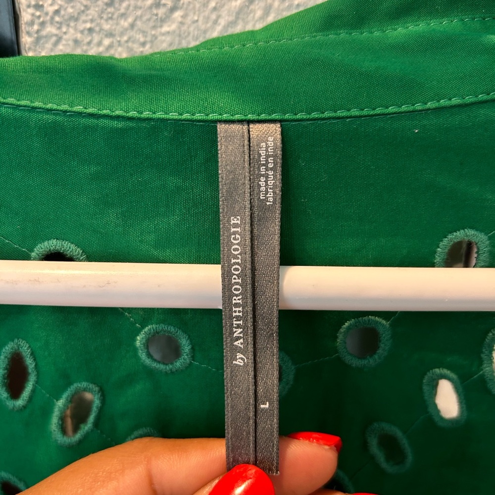 Anthropologie Emerald Green Eyelet Button-Front Long Sleeve Dress - Picture 4 of 9
